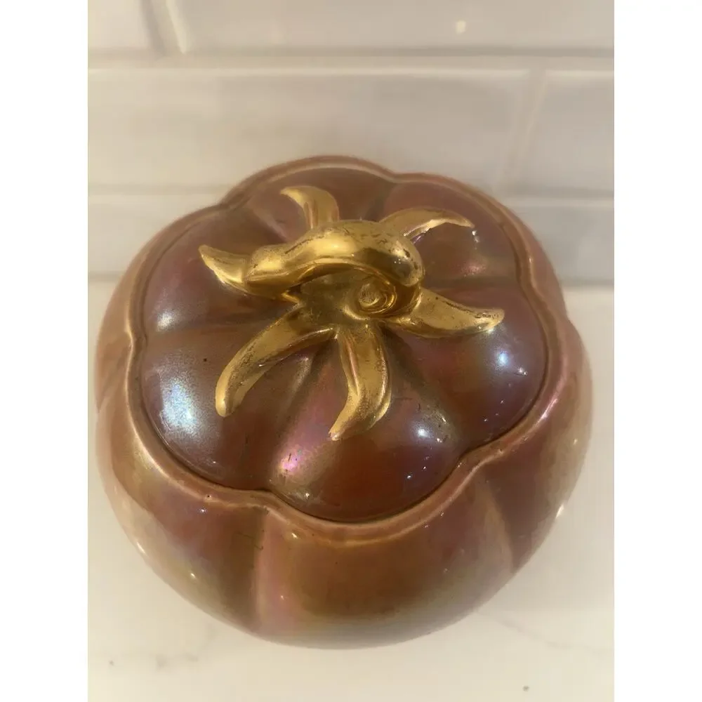 Vtg Fall Pumpkin Canister Orange Lusterware Iridescent Gold Lid Stem Cookie Jar‎